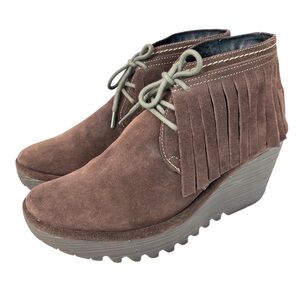 Fly London Yank Fringe Ankle Boot Lace Up Booties Brown SUEDE Size 40 US 9 / 9.5